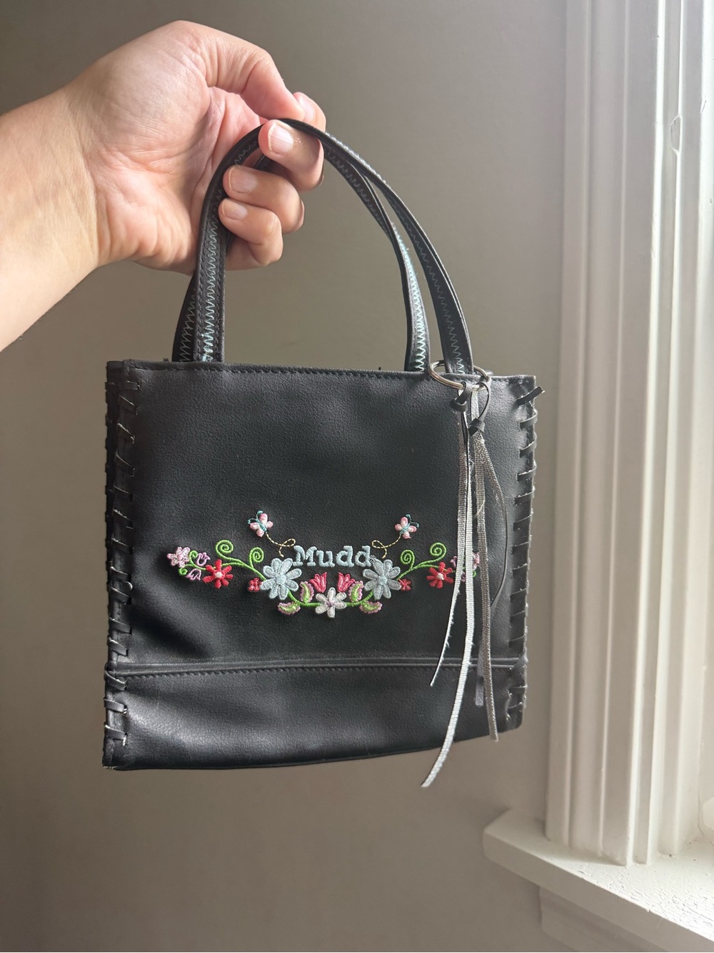 Mudd Black Mini Tote with Colorful Floral Embroidery